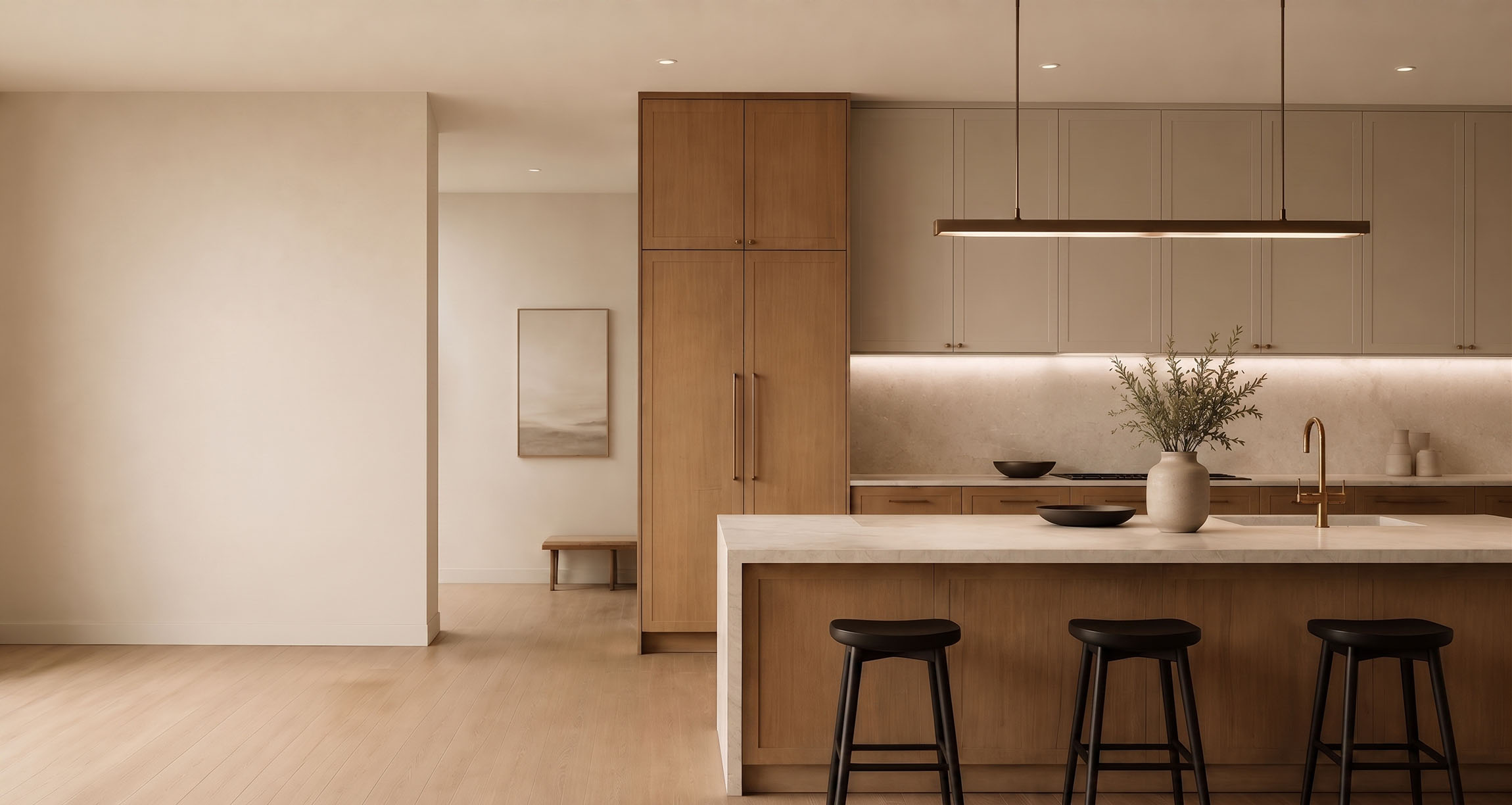 Custom kitchen with marble island, wood cabinetry, and a plaster range hood