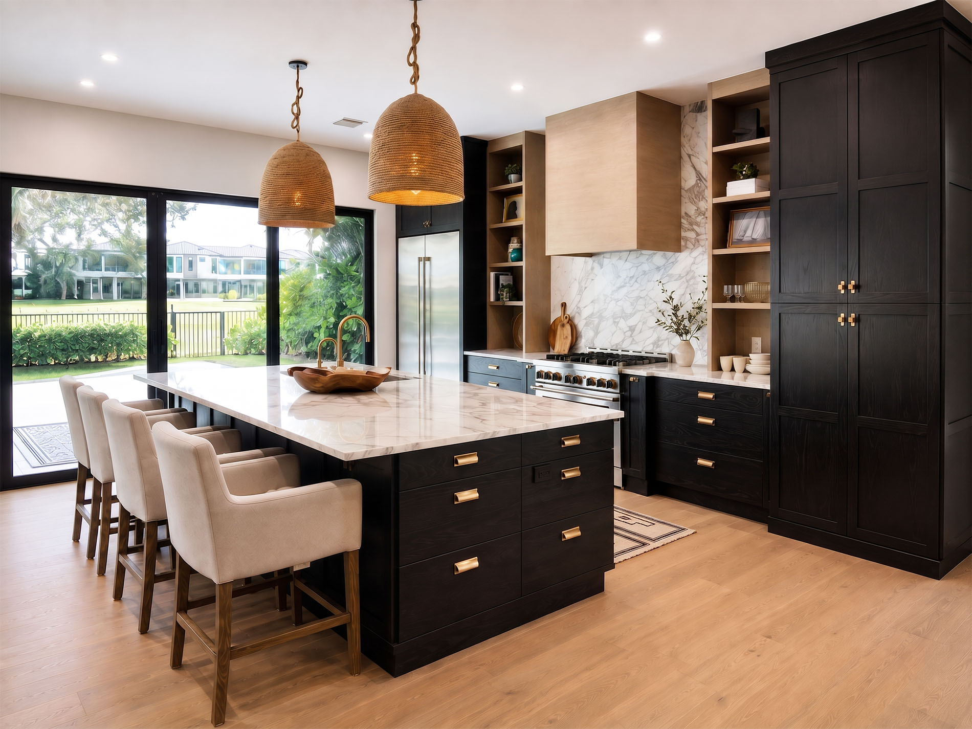 Custom kitchen with dark cabinetry, natural stone surfaces, and warm architectural details