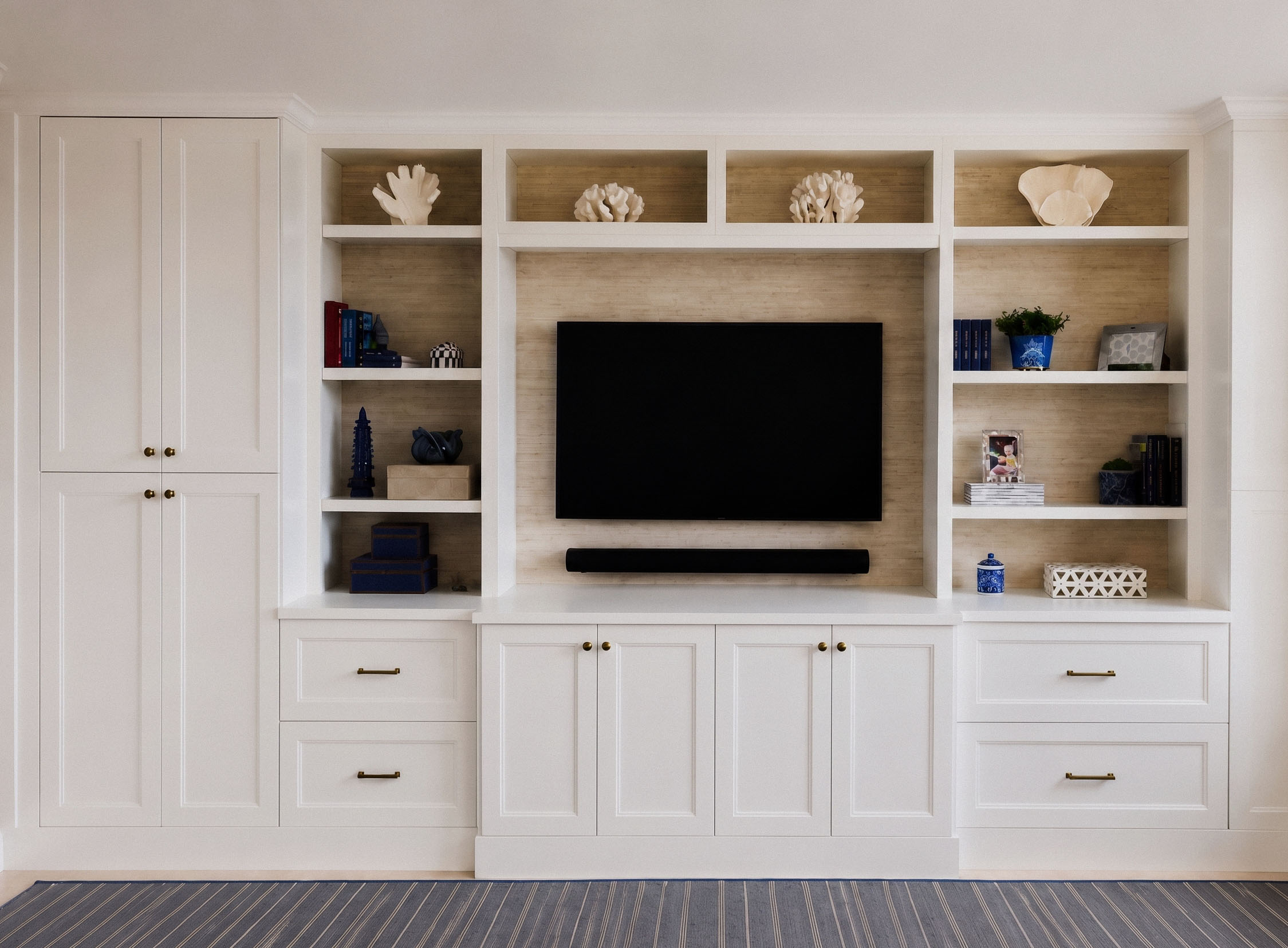Architectural wall unit with media storage and display shelving